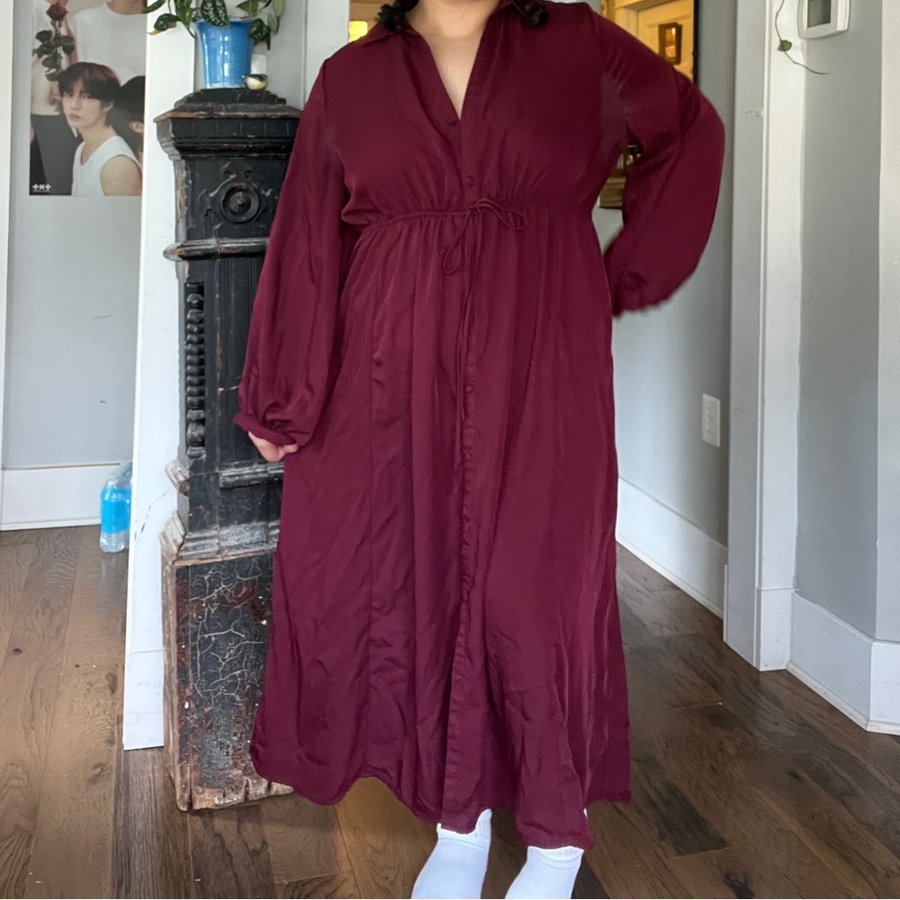 Nasty Gal Maroon Tie Front Button Down Midi Dress